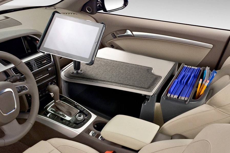 AutoExec AUE23003 Efficiency GripMaster Car Desk Mahogany Finish with Built-in Power Inverter and Ipad/Tablet Mount 